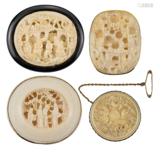 FOUR CHINESE CARVED IVORY BROOCHES, CANTONESE 19th CENTURY