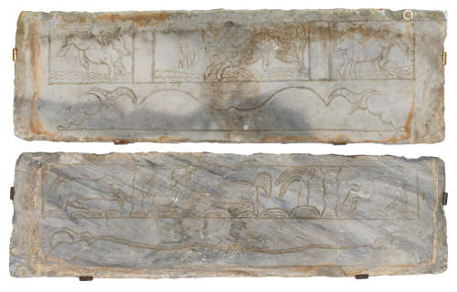 TWO CHINESE CARVED WHITE MARBLE PANELS, YUAN / MING DYNASTY