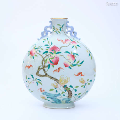 A Famille Rose Flat Porcelain Double-eared Vase