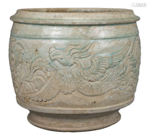 LARGE CHINESE YINGQING GLAZED CYLINDRICAL PHOENIX JAR, SONG ...