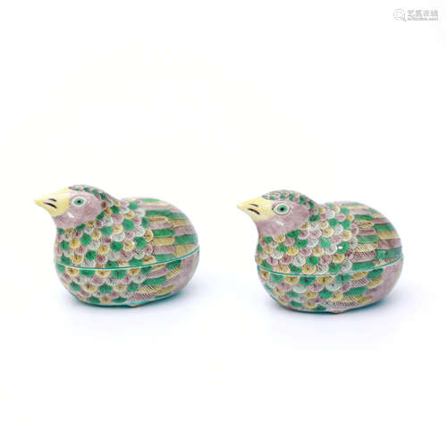 A Pair of Plain Tri-colour Painted Quail-shaped Porcelain Bo...