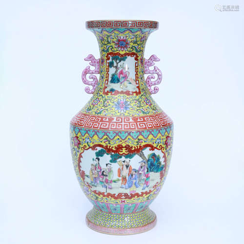 A Famille Rose Porcelain Double-eared Vase Carved with Eight...