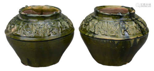PAIR OF CHINESE HAN DYNASTY GLAZED POTTERY JARS WITH ANIMAL ...