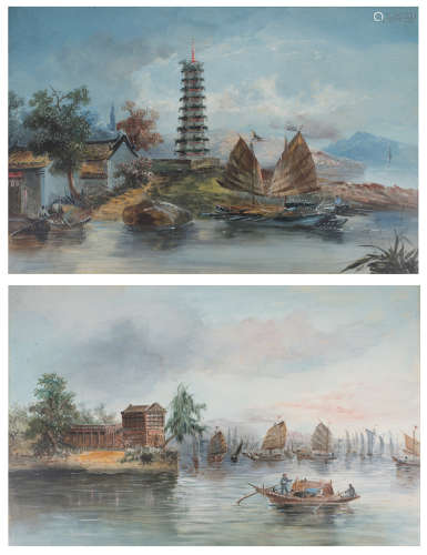 TWO OIL ON BOARD PAINTINGS OF WHAMPOA, CANTON CHINA