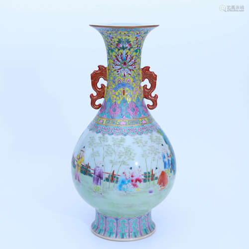 A Famille Rose Porcelain Double-Eared Vase