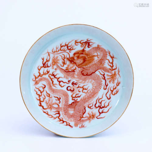 A Iron Red Dragon Pattern Carved Porcelain Plate