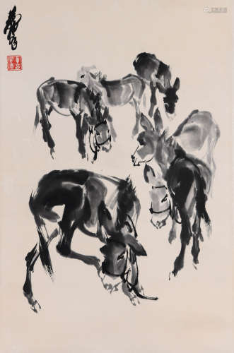 A Chinese Donkey Painting Paper Scroll, Huang Zhou Mark