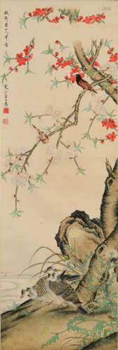 A Chinese Flowers&Birds Painting Scroll, Jiang Hanting Mark