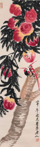 A Chinese Double-peach Painting Paper Scroll, Qi Baishi Mark