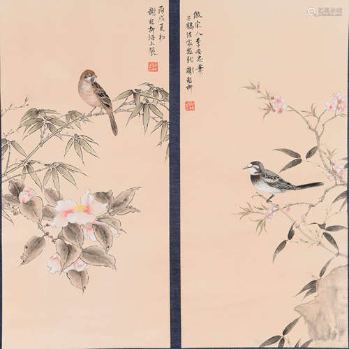 A Chinese Flowers&Birds Painting Paper Scroll, Xie Zhiliu Ma...