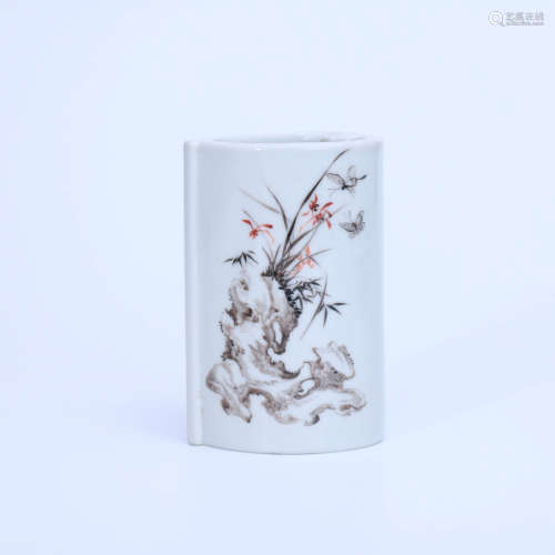 A Grisaille Orchid Porcelain Inscribed Brush Pot, Tang Ying ...