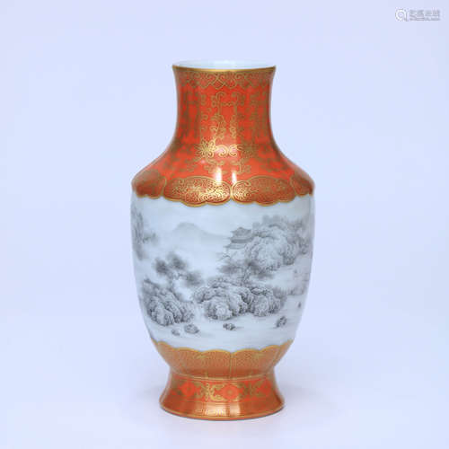 A Iron Red Gilt-inlaid Grisaille Porcelain Vase with Landsca...