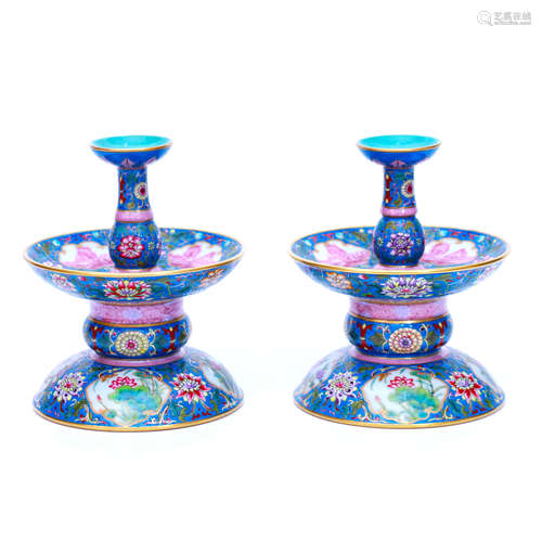 A Pair of Enamel-colored Floral Porcelain Candle Holders