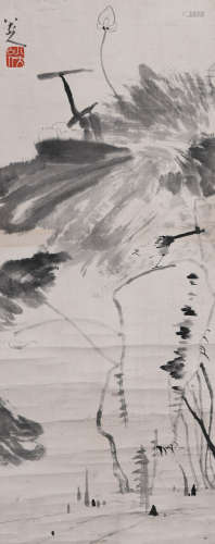 A Chinese Lotus & Stone Painting Paper Scroll, Zhu Da Mark