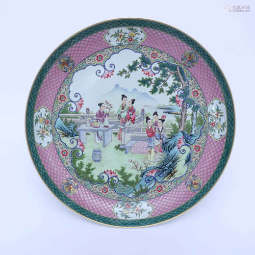 An Enamel-colored  Porcelain Plate with Ladies Painting