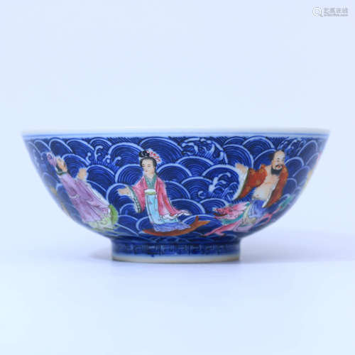 A Blue and White Famille Rose Porcelain Bowl Carved with Eig...