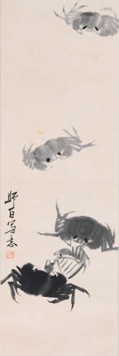 A Chinese Crab Painting Paper Scroll, Lou Shibai Mark