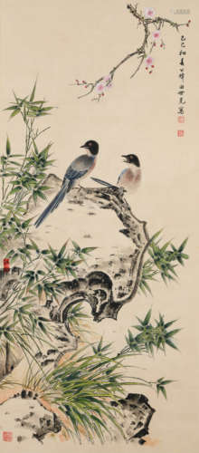 A Chinese Flowers&Birds Painting Scroll, Tian Shiguang Mark