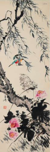 A Chinese Willow&Goose Painting Scroll, Wang Xuetao Mark