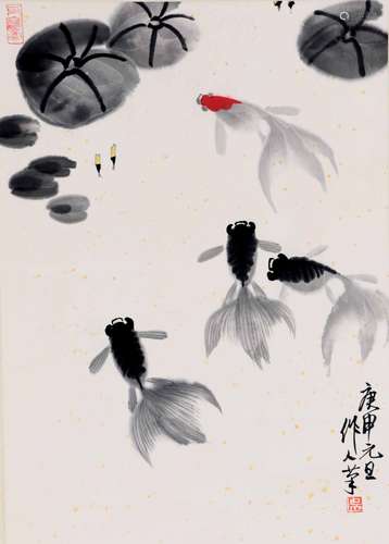 A Chinese Goldfish Painting Paper Scroll, Wu Zuoren Mark