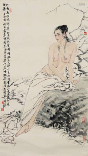 A Chinese Lady Painting Scroll, He Jiaying Mark