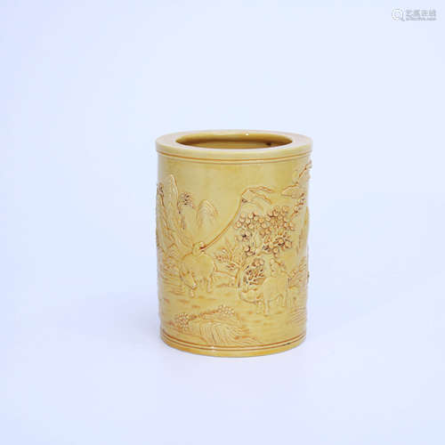 A Yellow Glaze Figures&Landscape Carved Porcelain Brush Pot