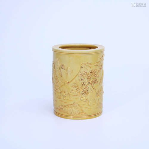 A Yellow Glaze Figures&Landscape Carved Porcelain Brush Pot