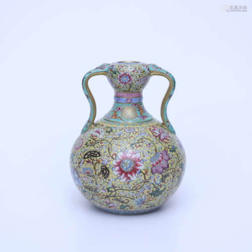 A Famille Rose Gilt-inlaid Floral Porcelain Double-eared Vas...
