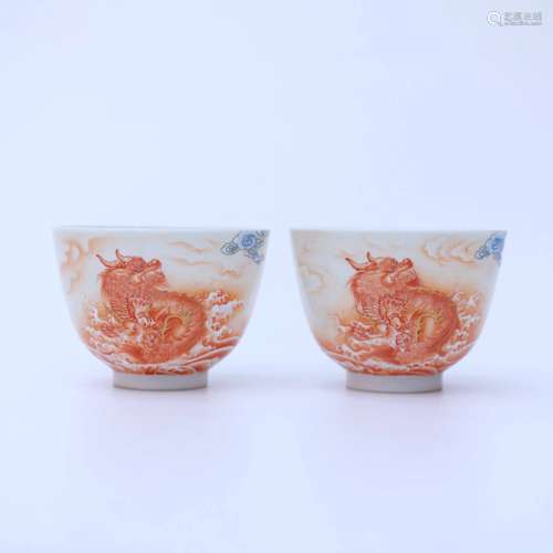 A Pair of Iron Red Gilt-inlaid Porcelain Cups with Seawater ...