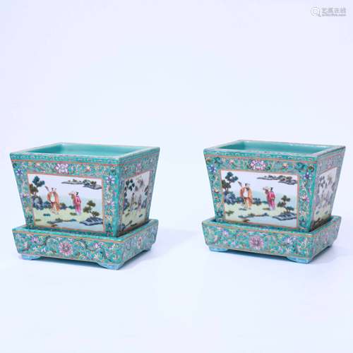 A Pair of Turquoise Green Glaze Famille Rose Eight Immortals...