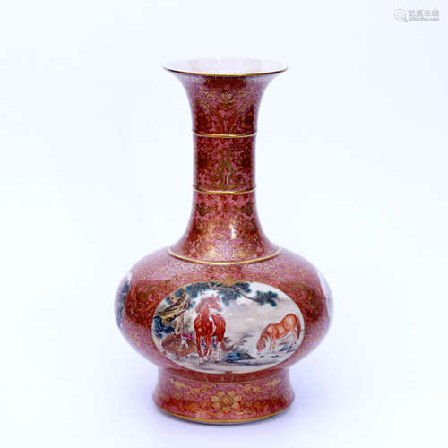 An Gilt-inlaid Iron Red Beast Carved Porcelain Vase