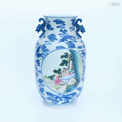 A Blue and White Famille Rose Double-eared Figures Porcelain...