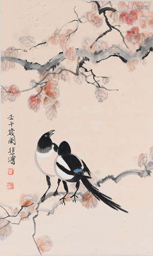 A Chinese Magpie Painting Scroll, Xu Beihong Mark