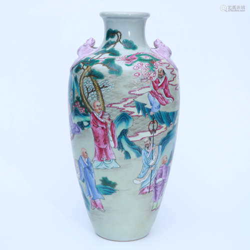 A Famille Rose Arhats Carved Porcelain Vase with Bat-shaped ...