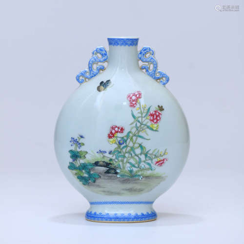 A Famille Rose Orchid&Butterfly Carved Flat Porcelain Vase w...