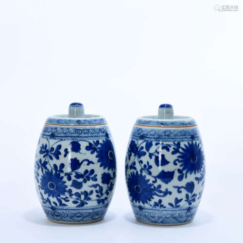 A Pair of Blue and White Drum-shaped Porcelain Jars with Cov...