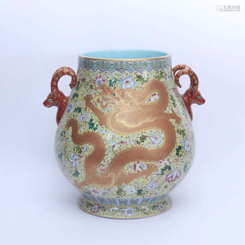 An Enamel-colored Dragon Pattern Floral Porcelain Zun with D...