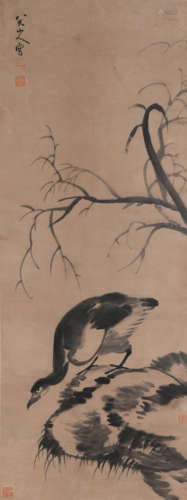 A Chinese Stone&Duck Painting Paper Scroll, Zhu Da Mark