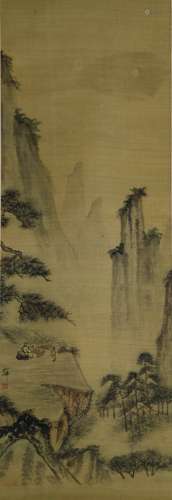 A Chinese Landscape Painting Silk Scroll, Hu Yefo Mark