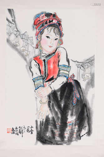 A Chinese Girl Painting Paper Scroll, Liu Wenxi Mark