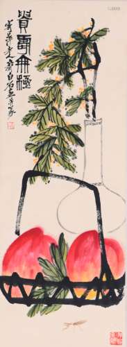 A Chinese Peaches Painting Paper Scroll, Qi Baishi Mark