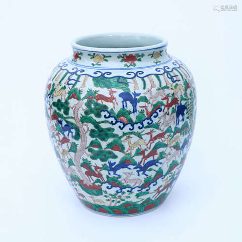 A Colored Deer Carved Porcelain Jar