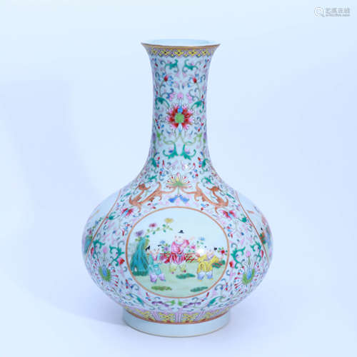 A Famille Rose Floral Figures Porcelain Vase