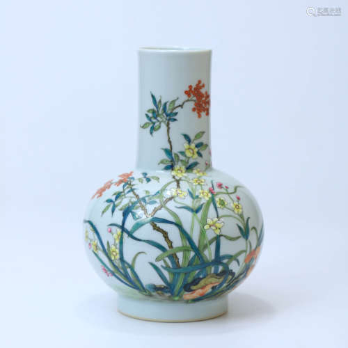 A Famille Rose Porcelain Inscribed Vase