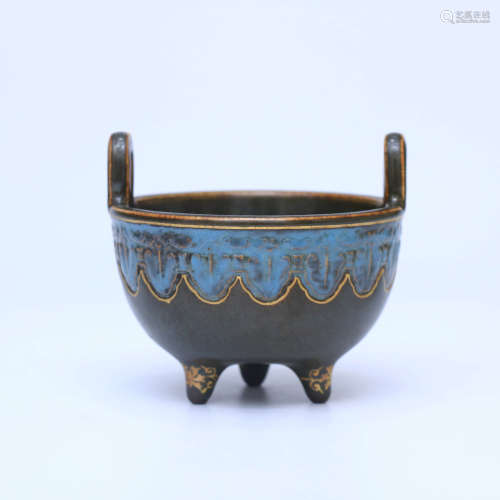 A Three-footed Porcelain Double-eared Incense Burner with Sa...