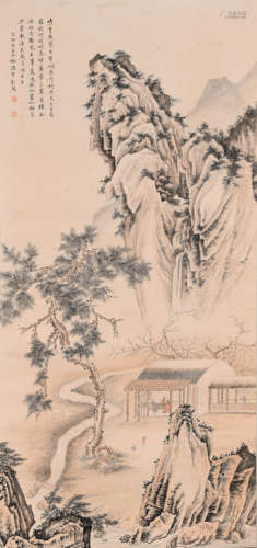 A Chinese Landscape&Figures Painting Paper Scroll, Chen Shao...