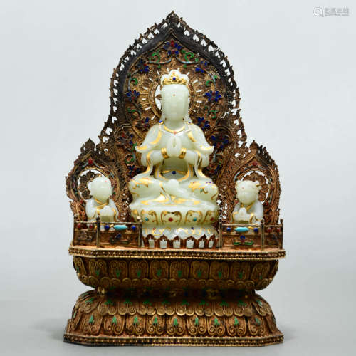 A Statue of Buddha Inlaid with Gold and White Jade