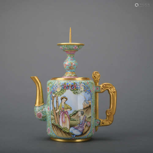 A enamel 'figure' teapot