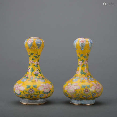 A pair of enamel 'floral' garlic-head vase