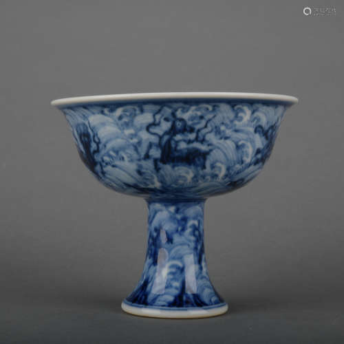 A blue and white 'seawater' stem bowl